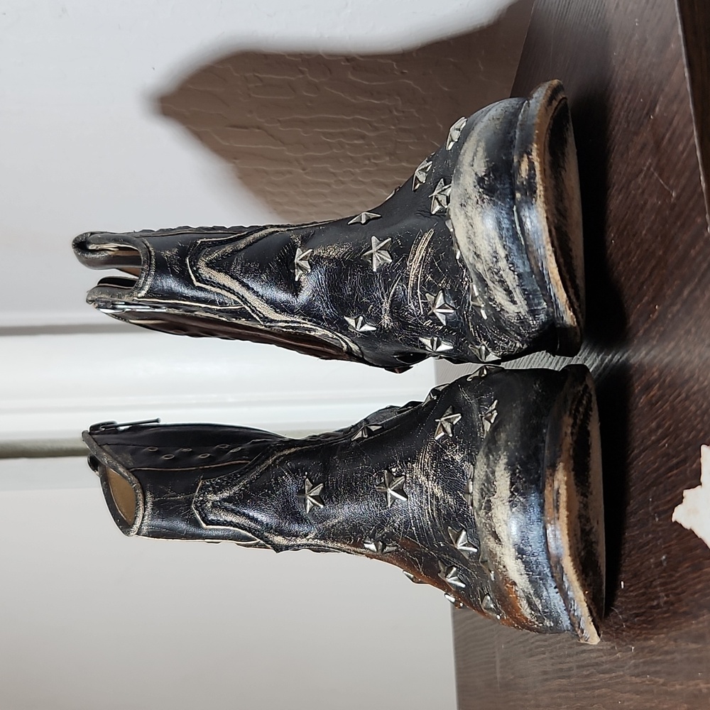 SENDRA Sara Raspado Black Star Studded Cowboy Boots  Distressed Side Zip 38 8 - Picture 8 of 15